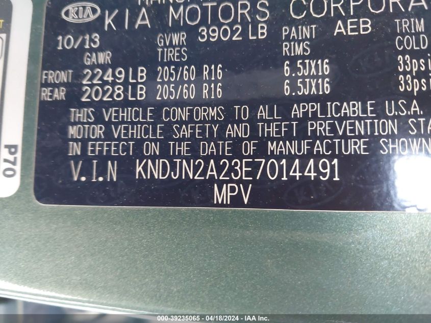 2014 Kia Soul VIN: KNDJN2A23E7014491 Lot: 39235065