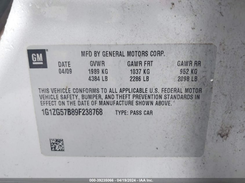 2009 Chevrolet Malibu Ls VIN: 1G1ZG57B89F238768 Lot: 39235066