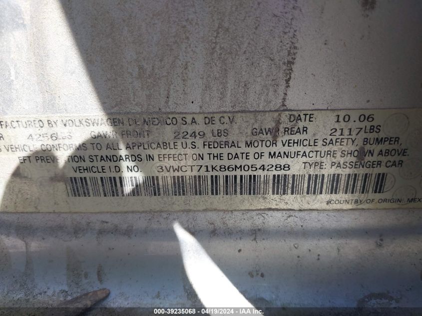 2006 Volkswagen Jetta Diesel VIN: 3VWCT71K86M054288 Lot: 39235068