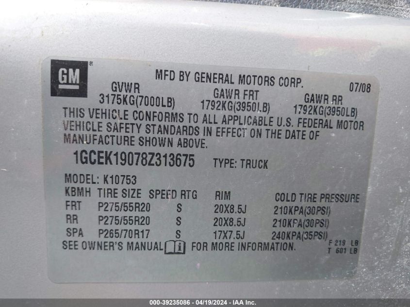 2008 Chevrolet Silverado 1500 Lt1 VIN: 1GCEK19078Z313675 Lot: 39235086