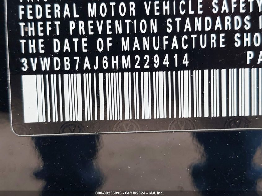 2017 Volkswagen Jetta 1.4T Se VIN: 3VWDB7AJ6HM229414 Lot: 39235095
