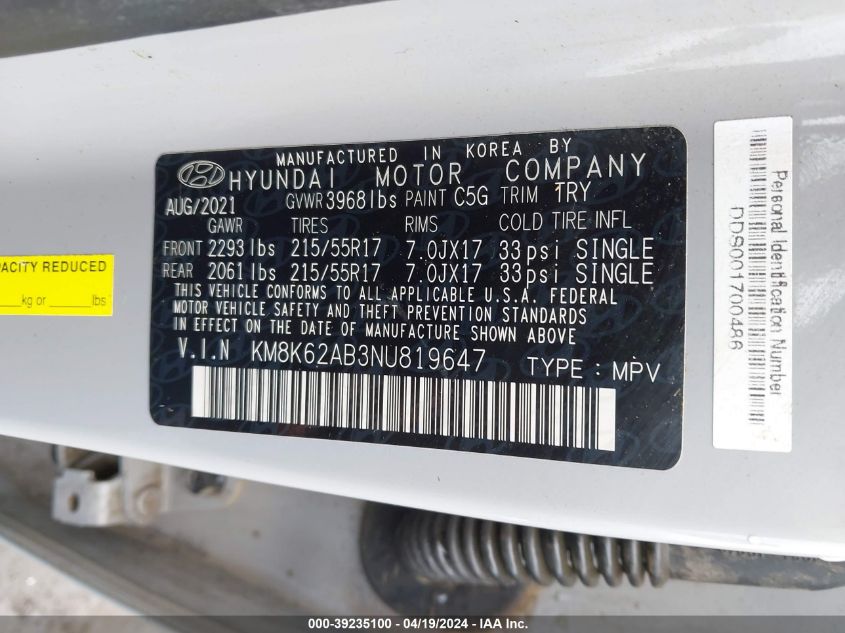 2022 Hyundai Kona Sel VIN: KM8K62AB3NU819647 Lot: 39235100