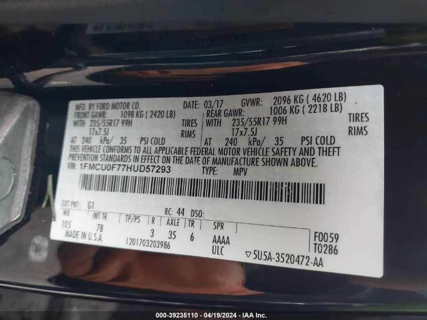 2017 Ford Escape S VIN: 1FMCU0F77HUD57293 Lot: 39235110