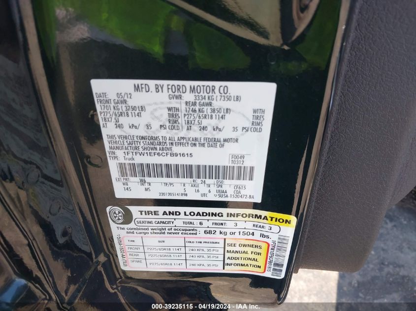 2012 Ford F-150 Xlt VIN: 1FTFW1EF6CFB91615 Lot: 39235115