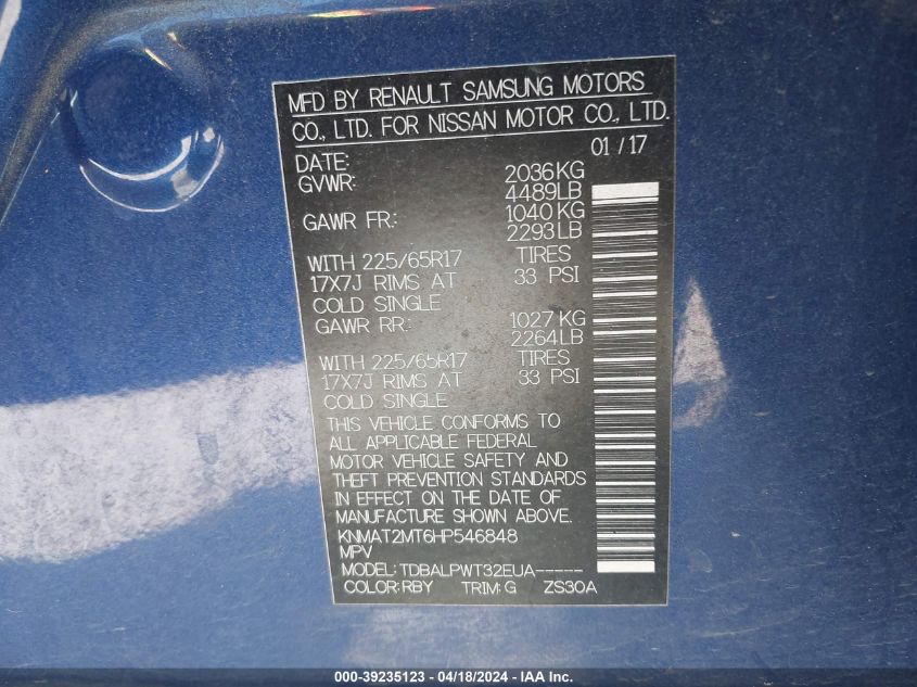 2017 Nissan Rogue S VIN: KNMAT2MT6HP546848 Lot: 39235123