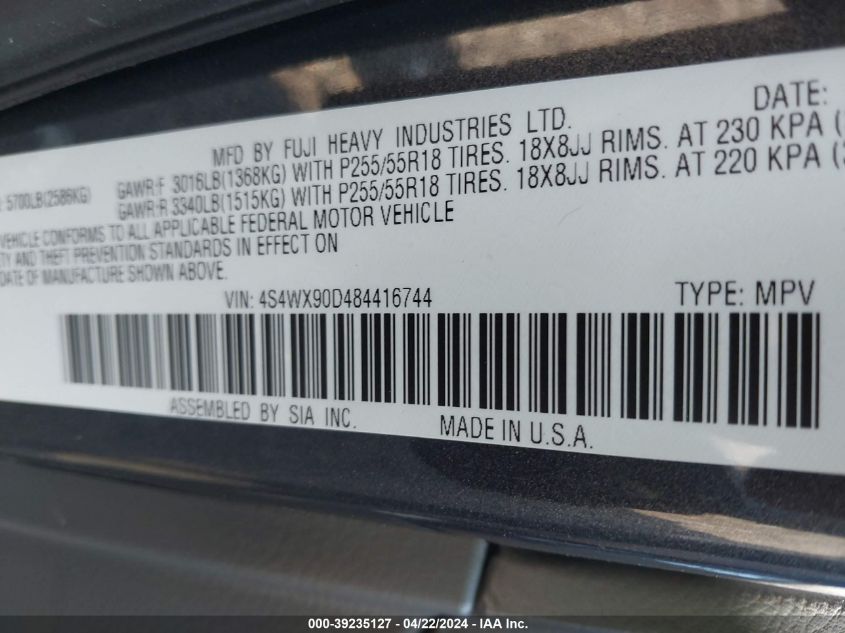 2008 Subaru Tribeca Limited 7-Passenger VIN: 4S4WX90D484416744 Lot: 39235127