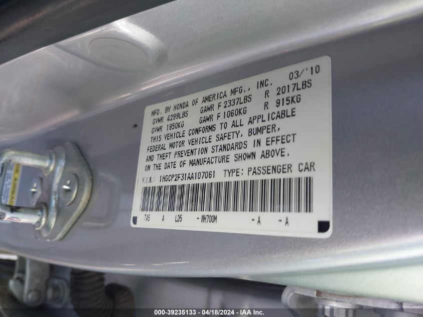 2010 Honda Accord 2.4 Lx VIN: 1HGCP2F31AA107061 Lot: 39235133