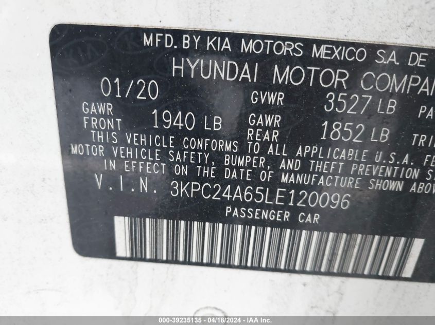 2020 Hyundai Accent Se VIN: 3KPC24A65LE120096 Lot: 39235135