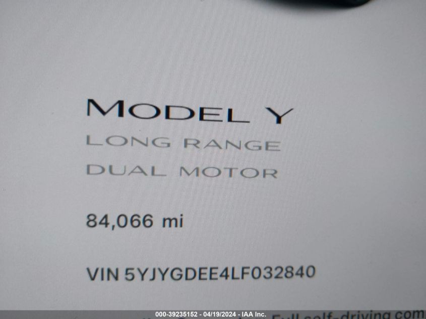 2020 Tesla Model Y Long Range Dual Motor All-Wheel Drive VIN: 5YJYGDEE4LF032840 Lot: 39235152