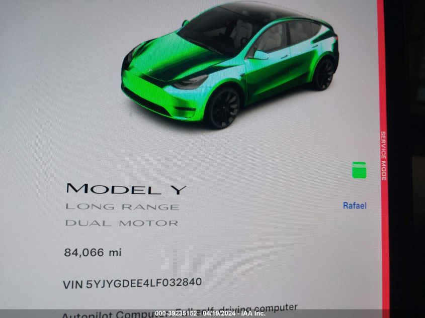 2020 Tesla Model Y Long Range Dual Motor All-Wheel Drive VIN: 5YJYGDEE4LF032840 Lot: 39235152