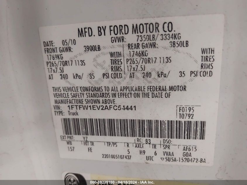 2010 Ford F-150 Fx4/Harley-Davidson/King Ranch/Lariat/Platinum/Xl/Xlt VIN: 1FTFW1EV2AFC54441 Lot: 39235160