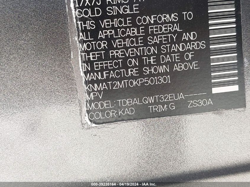 2019 Nissan Rogue Sv VIN: KNMAT2MT0KP501301 Lot: 39235164