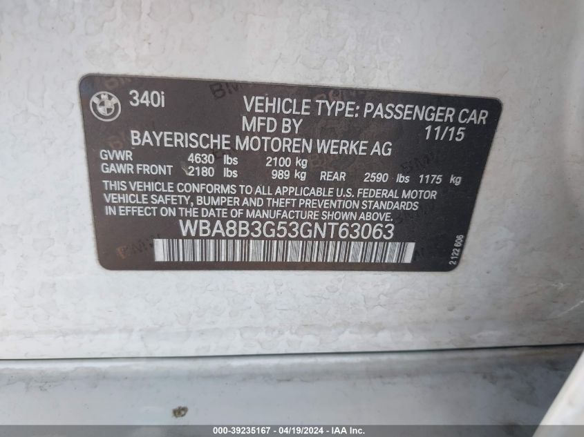 2016 BMW 340I VIN: WBA8B3G53GNT63063 Lot: 39235167