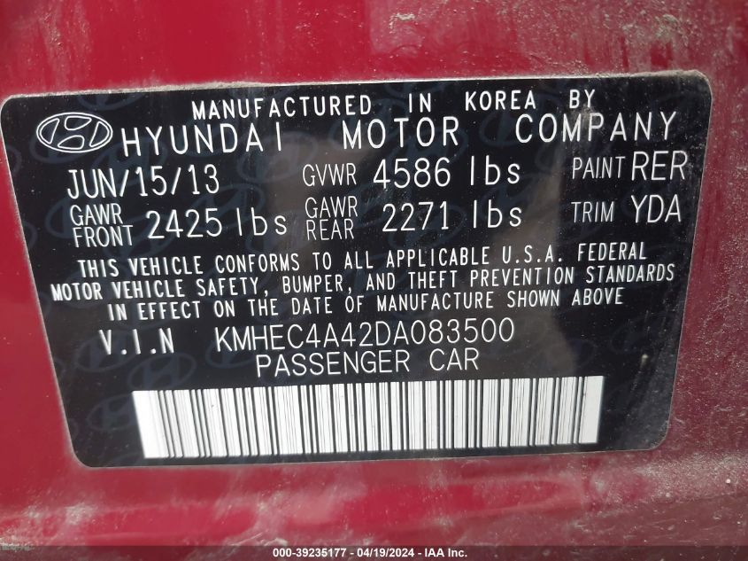 2013 Hyundai Sonata Hybrid Limited VIN: KMHEC4A42DA083500 Lot: 39235177
