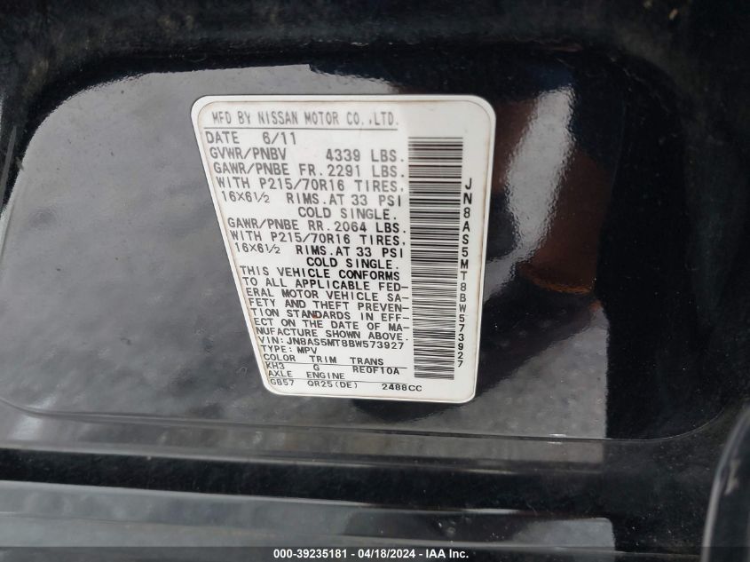 2011 Nissan Rogue S VIN: JN8AS5MT8BW573927 Lot: 39235181