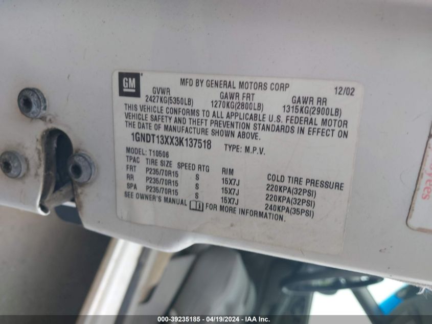 2003 Chevrolet Blazer Ls VIN: 1GNDT13XX3K137518 Lot: 39235185