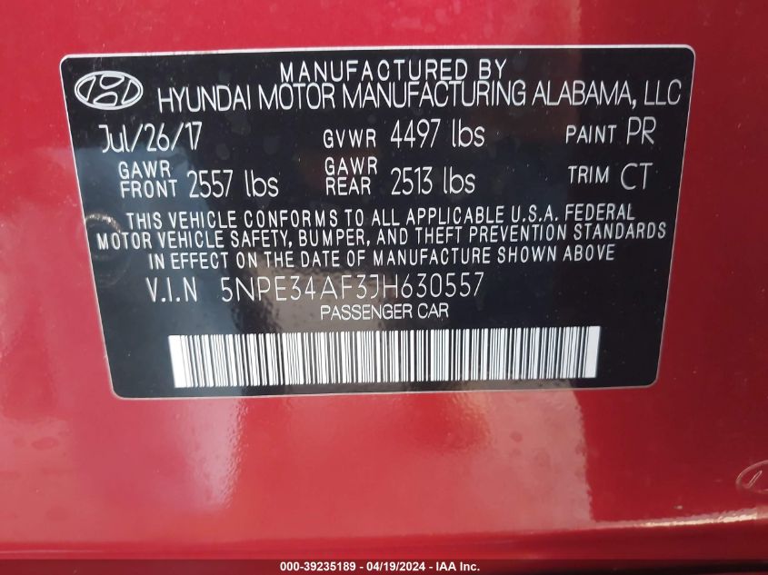 2018 Hyundai Sonata Sport VIN: 5NPE34AF3JH630557 Lot: 39235189