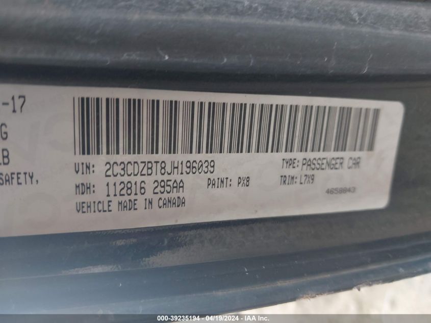 2018 Dodge Challenger R/T VIN: 2C3CDZBT8JH196039 Lot: 39235194