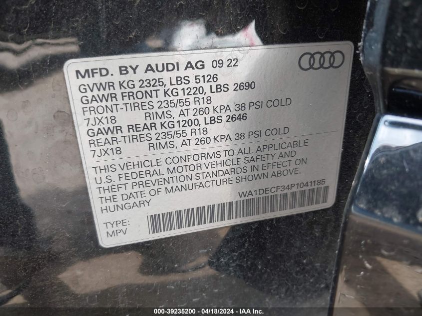 2023 Audi Q3 Premium 45 Tfsi S Line Quattro Tiptronic VIN: WA1DECF34P1041185 Lot: 39235200