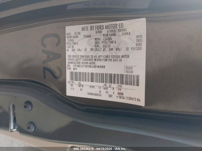 2008 Ford Explorer Xlt VIN: 1FMEU73E584B14165 Lot: 39235219