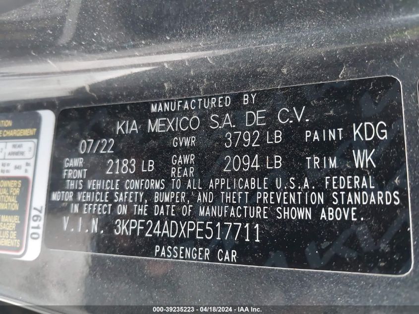 2023 Kia Forte Lxs VIN: 3KPF24ADXPE517711 Lot: 39235223