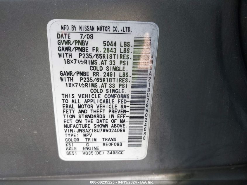 2009 Nissan Murano Sl VIN: JN8AZ18U79W024088 Lot: 39235225