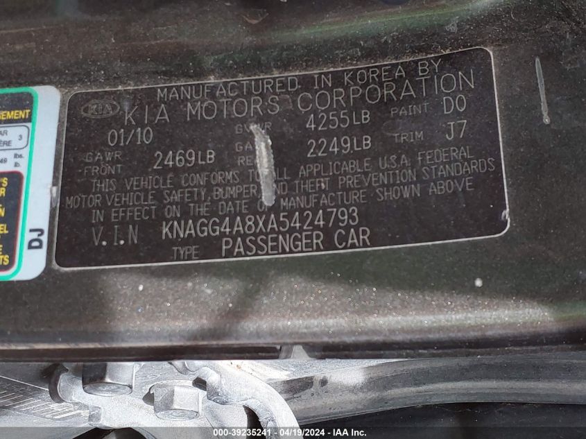 2010 Kia Optima Lx VIN: KNAGG4A8XA5424793 Lot: 39235241