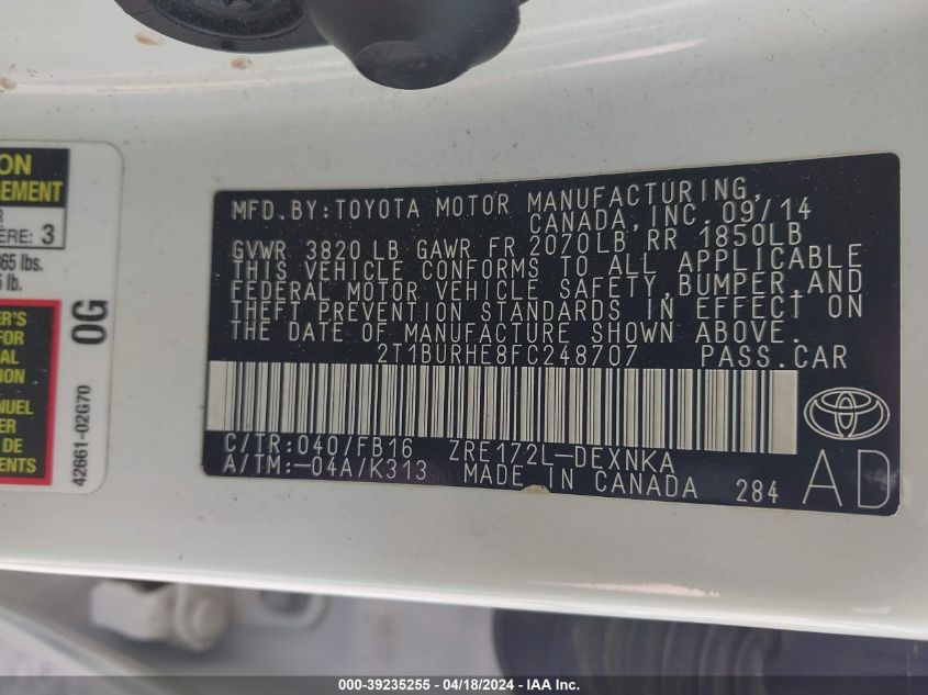 2015 Toyota Corolla Le VIN: 2T1BURHE8FC248707 Lot: 39235255