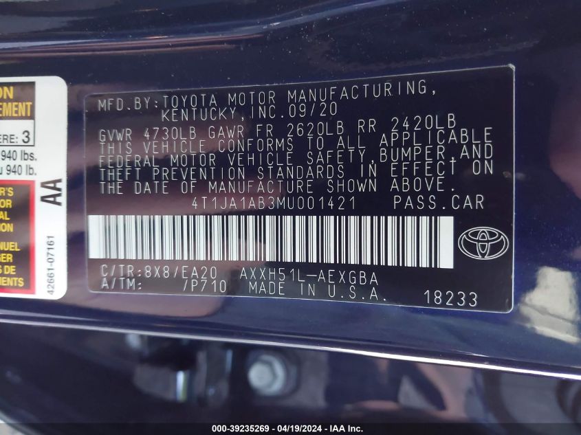 2021 Toyota Avalon Xle Hybrid VIN: 4T1JA1AB3MU001421 Lot: 39235269