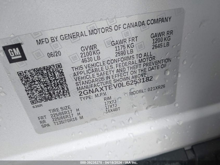 2020 Chevrolet Equinox Awd 2Fl VIN: 2GNAXTEV0L6253182 Lot: 39235275