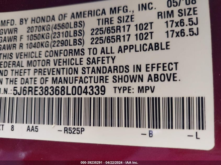 2008 Honda Cr-V Lx VIN: 5J6RE38368L004339 Lot: 39235291