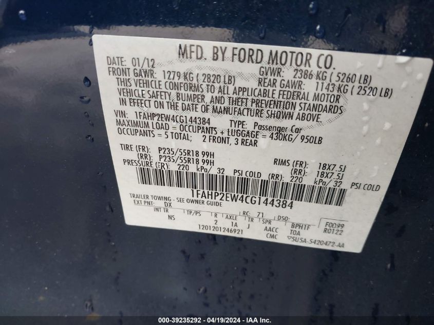 2012 Ford Taurus Sel VIN: 1FAHP2EW4CG144384 Lot: 39235292