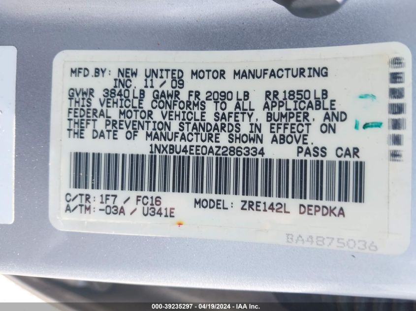 2010 Toyota Corolla Le VIN: 1NXBU4EE0AZ286334 Lot: 39235297