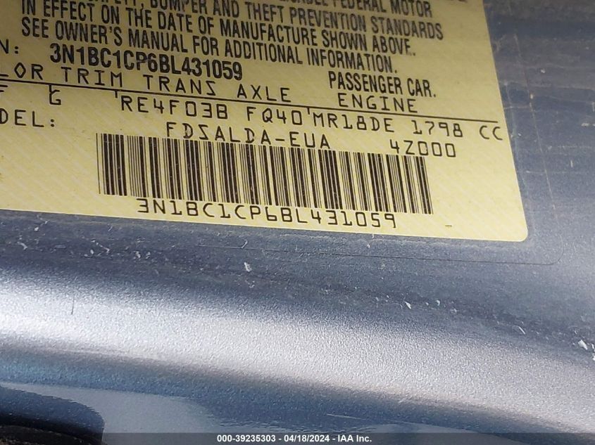 2011 Nissan Versa 1.8S VIN: 3N1BC1CP6BL431059 Lot: 39235303