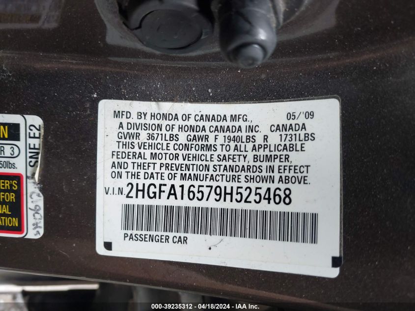 2009 Honda Civic Lx VIN: 2HGFA16579H525468 Lot: 39235312