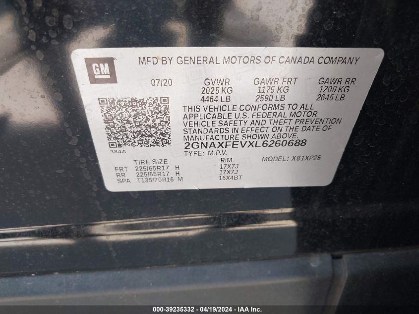 2020 Chevrolet Equinox Fwd 1Fl VIN: 2GNAXFEVXL6260688 Lot: 39235332