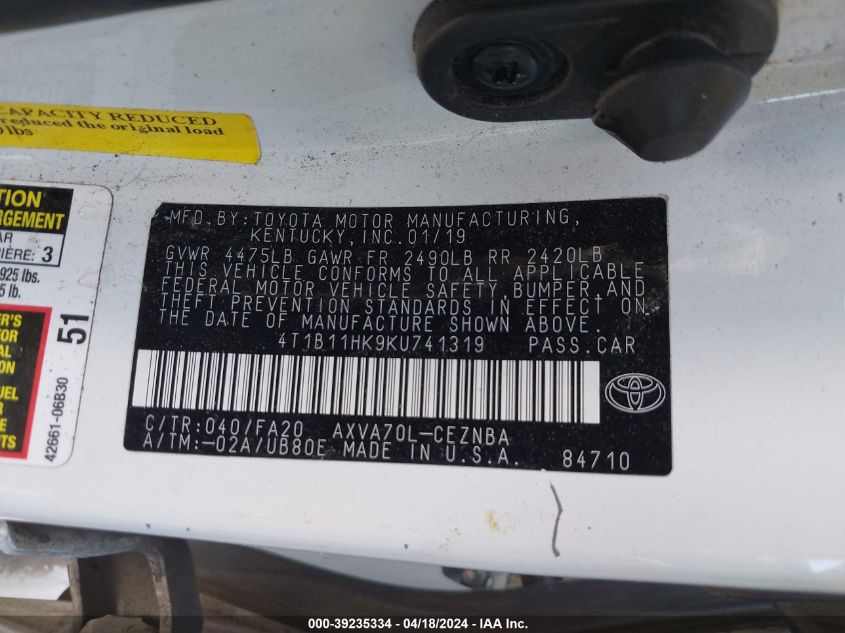 2019 Toyota Camry Le VIN: 4T1B11HK9KU741319 Lot: 11976244