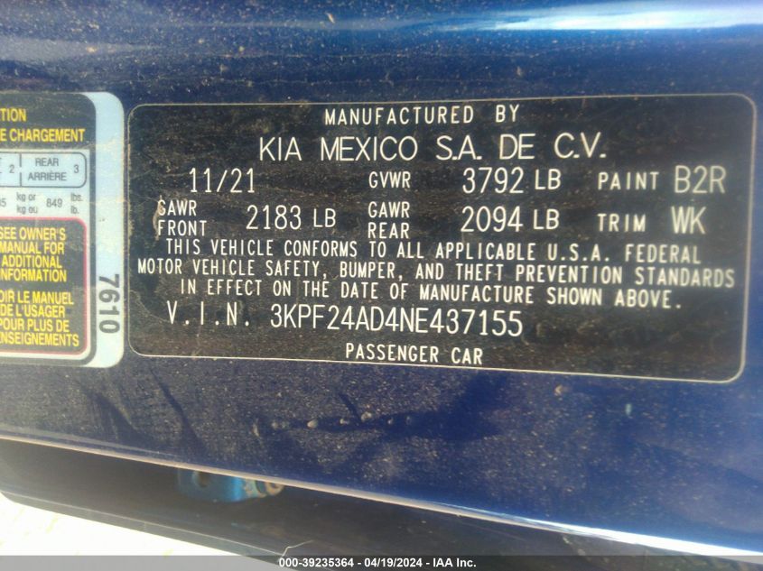 2022 Kia Forte Lxs VIN: 3KPF24AD4NE437155 Lot: 39235364