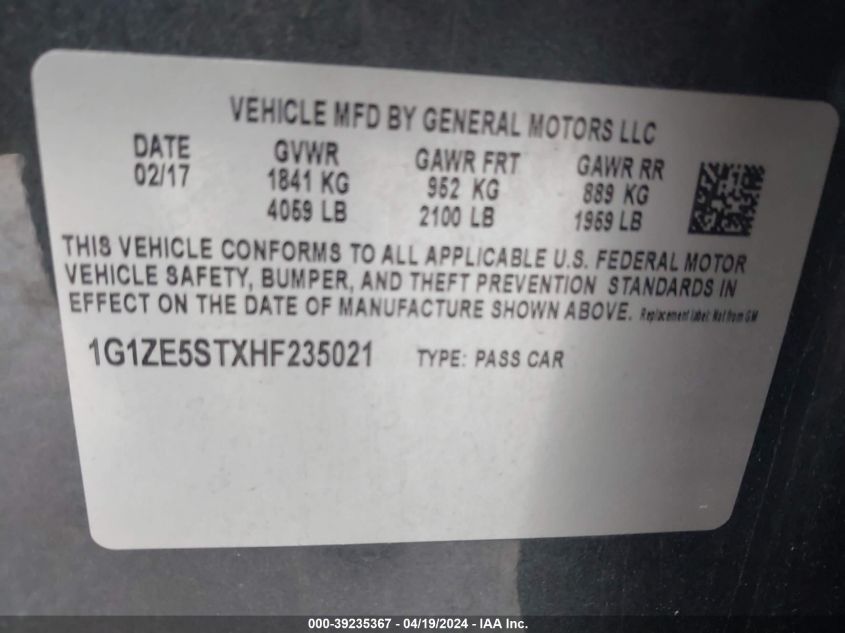 2017 Chevrolet Malibu 1Lt VIN: 1G1ZE5STXHF235021 Lot: 39235367