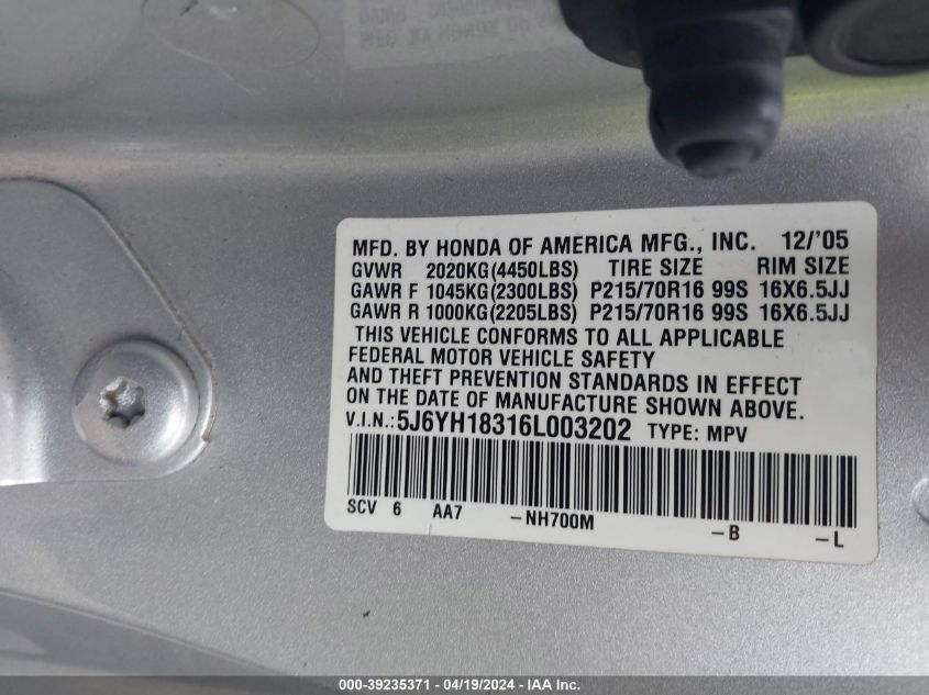 2006 Honda Element Lx VIN: 5J6YH18316L003202 Lot: 39235371
