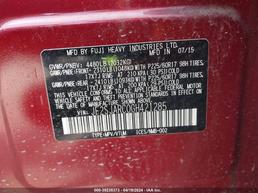 2016 Subaru Forester 2.5I Limited VIN: JF2SJARC0GH421285 Lot: 39235373