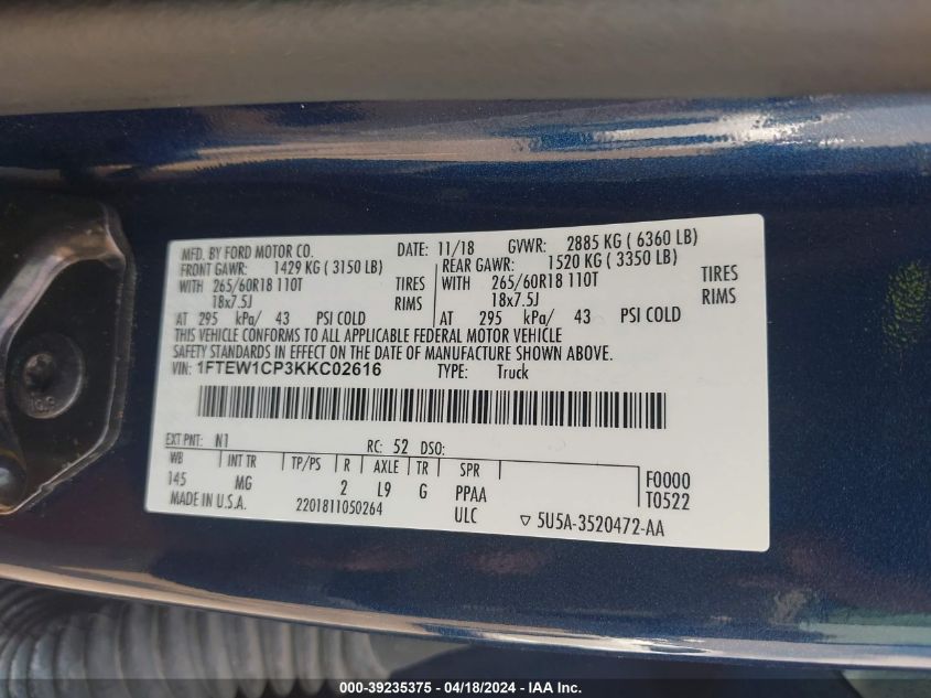 2019 Ford F-150 Xlt VIN: 1FTEW1CP3KKC02616 Lot: 39235375