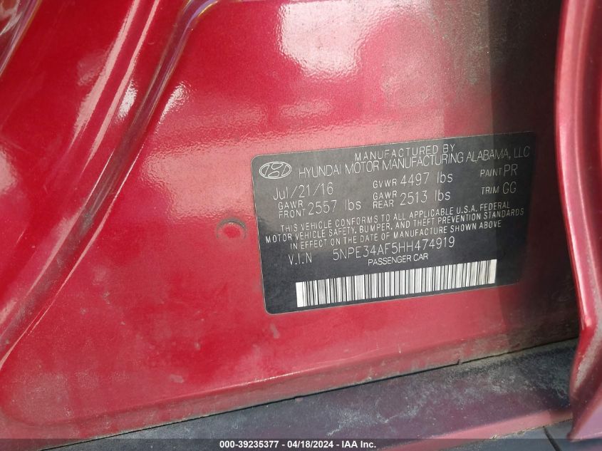 2017 Hyundai Sonata Sport VIN: 5NPE34AF5HH474919 Lot: 39235377