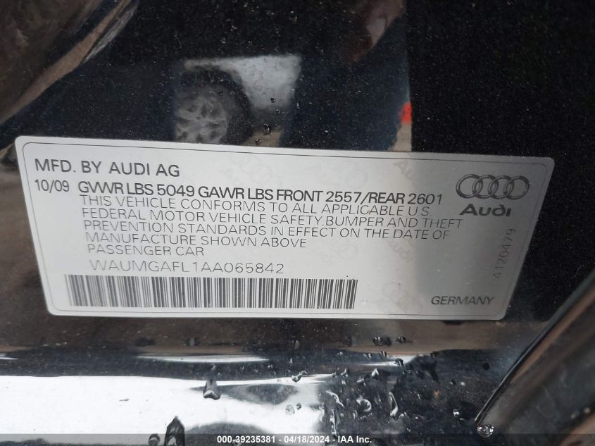 2010 Audi S4 3.0 Premium Plus VIN: WAUMGAFL1AA065842 Lot: 50975924