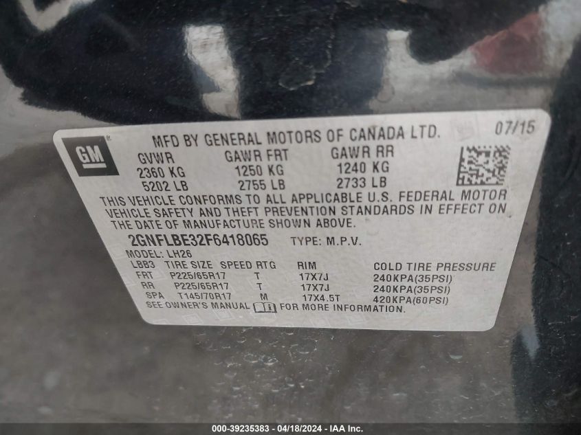 2015 Chevrolet Equinox 1Lt VIN: 2GNFLBE32F6418065 Lot: 39235383