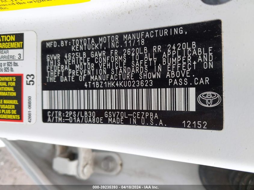 2019 Toyota Camry Xse V6 VIN: 4T1BZ1HK4KU023623 Lot: 39235393