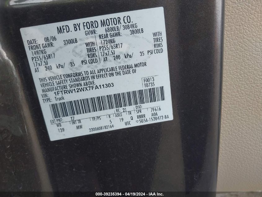 2007 Ford F-150 Xlt VIN: 1FTRW12WX7FA11303 Lot: 39235394