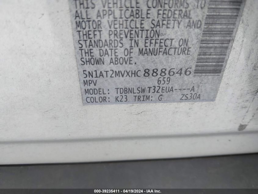 2017 Nissan Rogue Sl VIN: 5N1AT2MVXHC888646 Lot: 39235411