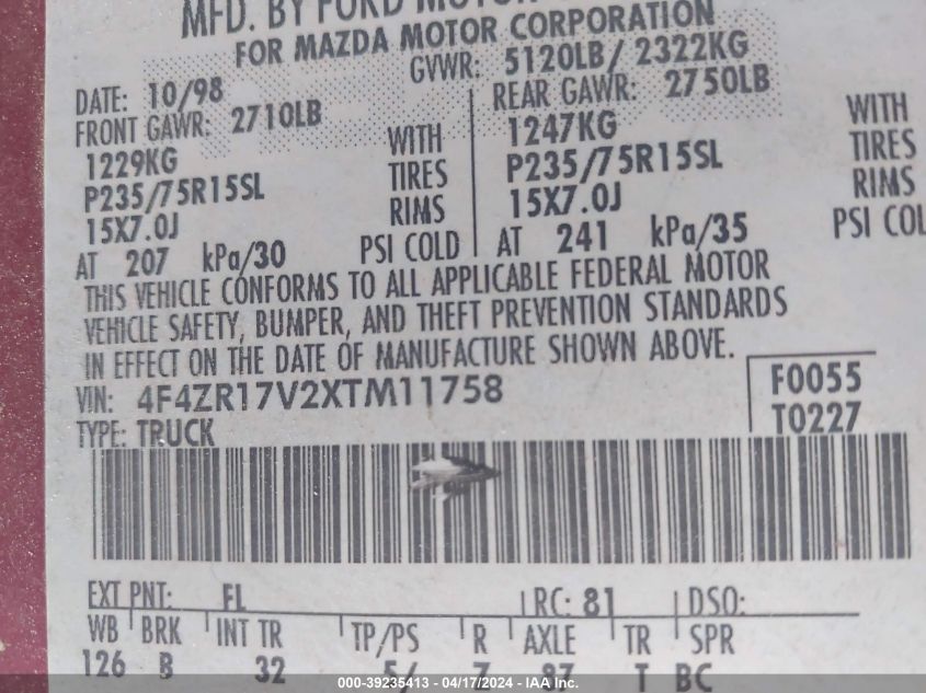 1999 Mazda B3000 Se VIN: 4F4ZR17V2XTM11758 Lot: 39235413