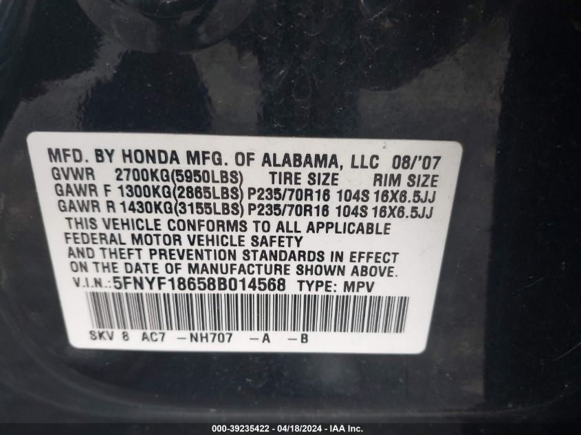 2008 Honda Pilot Ex-L VIN: 5FNYF18658B014568 Lot: 39235422